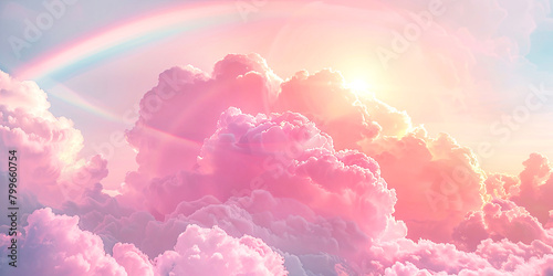 Pink fluffy clouds, sun shining and rainbow illustration. Banner of beautiful sky