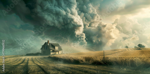 A tornado against a backdrop of gray clouds, a field and house. Landscape with storm.