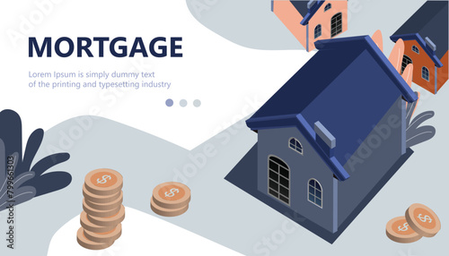 Property purchase and mortgage contract concept showing a house on a legal document with buyer and agent, colored vector illustration