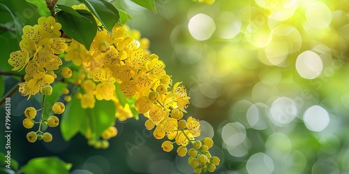 A close shot of vibrant yellow cassia fistula flower blooming on tree with a blurry nature backdrop and a big space for text or product advertisement, Generative AI.
