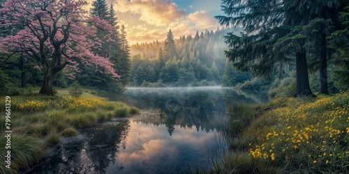 Spring fairytale forest landscape with a quiet river in the early morning