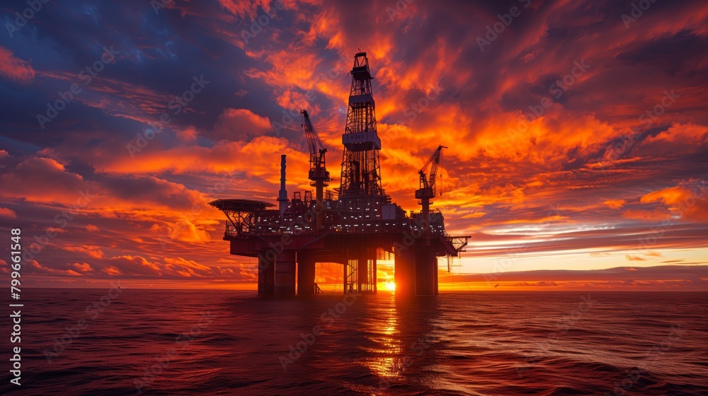 Oil Rig with Dramatic Clouds at Twilight. Offshore oil drilling rig with striking cloud formations and twilight hues reflecting on the ocean surface.