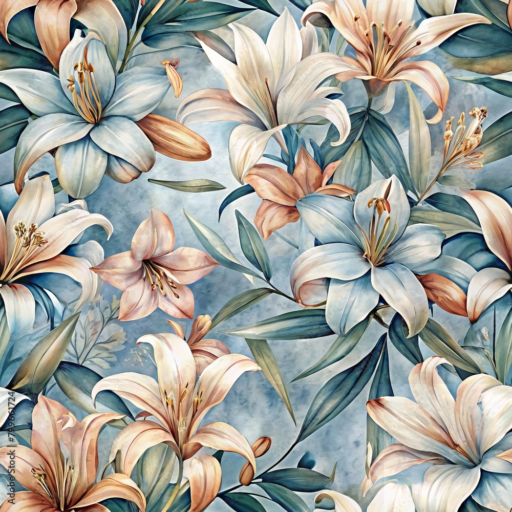 Seamless pattern of elegant lilies in serene watercolor tones, Generative AI Seamless pattern of elegant lilies in serene watercolor tones, Generative AI