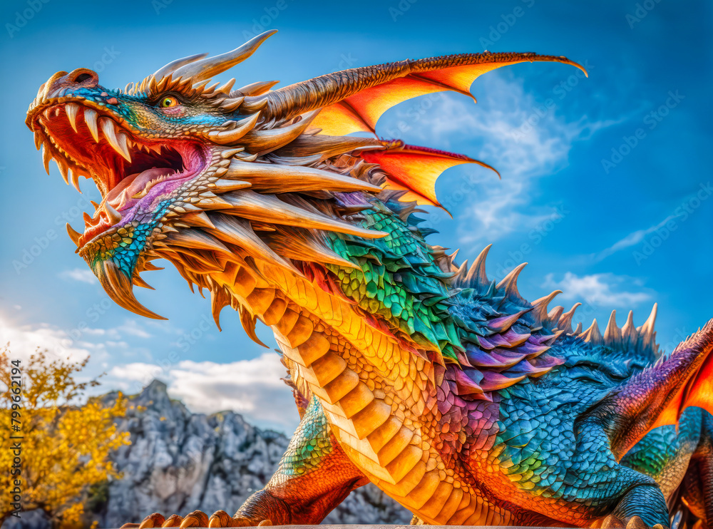 Dragons and Fantasy in Artificial Intelligence . Close up of vibrant dragon Dragons and Fantasy in Artificial Intelligence . Close up of vibrant dragon
