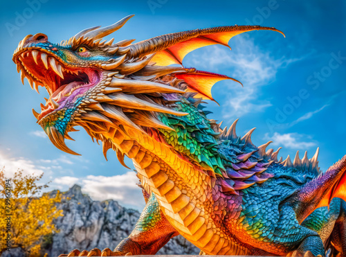 Dragons and Fantasy in Artificial Intelligence . Close up of vibrant dragon © Naluphon