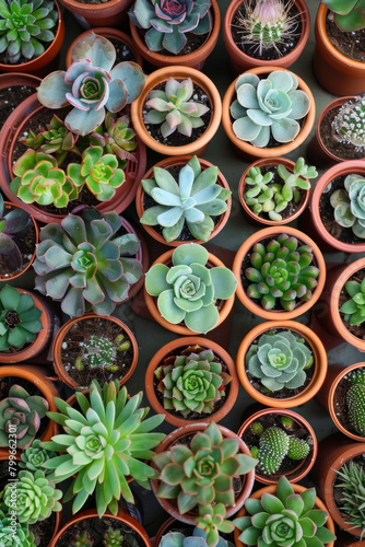 Many succulent plants in pots pattern on a color background. 