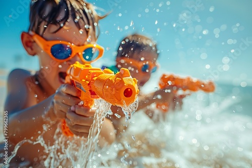 Over a summer day, kids are having a spectacle time and shooting water guns while enjoying the seashore restless kid idea and space, Generative AI. © Electric Wolf