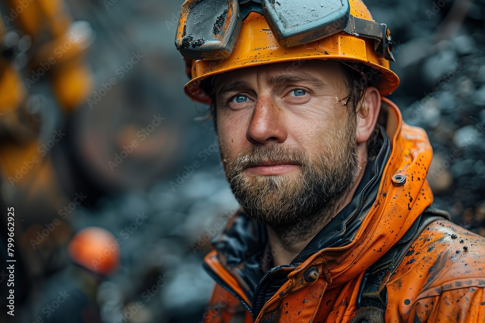 Fototapeta premium Portrait of a Determined Miner in Protective Gear. Close-up portrait of a determined miner with a muddy hard hat and reflective goggles, embodying the gritty spirit of the mining profession.