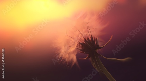 Closeup of a dandelion at sunset, the seeds ready to disperse in the breeze, capturing the fleeting nature of beauty photo