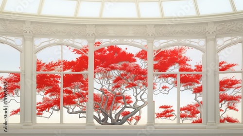 Conservatory display featuring the tropical splendor of Royal Poinciana alongside the delicate blooms of Plum Blossom, showcasing a contrast of climates and botanical beauty photo