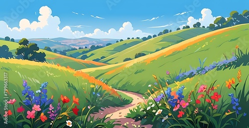 A vibrant summer landscape with rolling hills  dotted with wildflowers and tall grasses  stretching towards a clear blue sky.