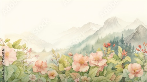 High mountain landscape dotted with Mountain Flowers and Mok Trees, capturing the rugged, natural beauty of highaltitude flora photo
