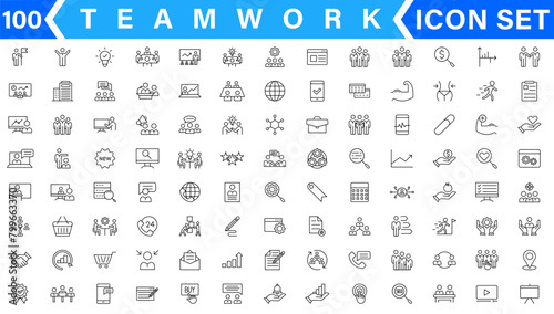 Business teamwork, team building, work group and human resources minimal thin line web icon set. Outline icons collection