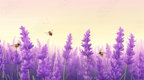 Panoramic view of a field of blooming lavender with bees visibly busy at work, emphasizing the agricultural importance of pollinators photo