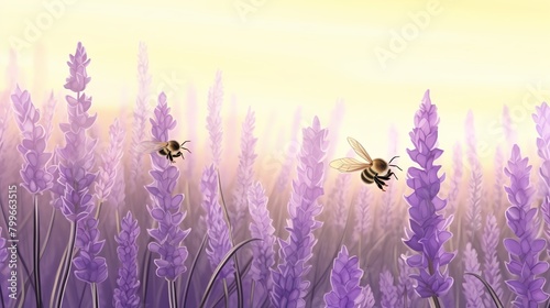 Panoramic view of a field of blooming lavender with bees visibly busy at work  emphasizing the agricultural importance of pollinators