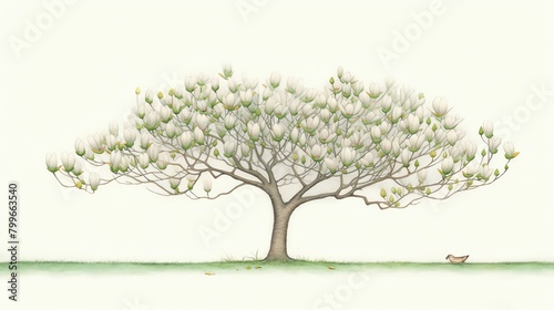Panoramic view of a magnolia grove in full bloom  the large white flowers contrasting starkly with dark green leaves