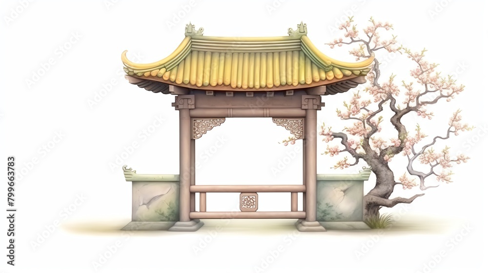 Fototapeta premium Traditional Asian garden with Plum Blossom and Sweet Osmanthus, creating a serene and fragrant atmosphere