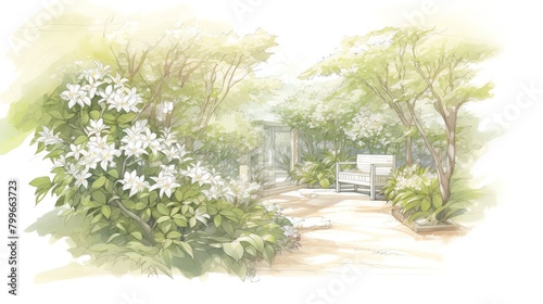 Serene backyard garden designed with an array of sweetscented Jasmine varieties, creating a relaxing and fragrant oasis