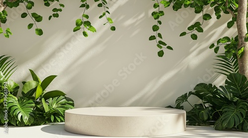 Podium mockup, natural plant leaves background for product display, 3d render