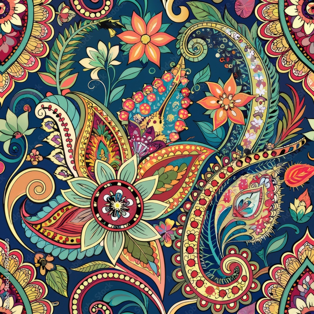 Seamless pattern of intricate paisley designs accented with floral elements, Generative AI