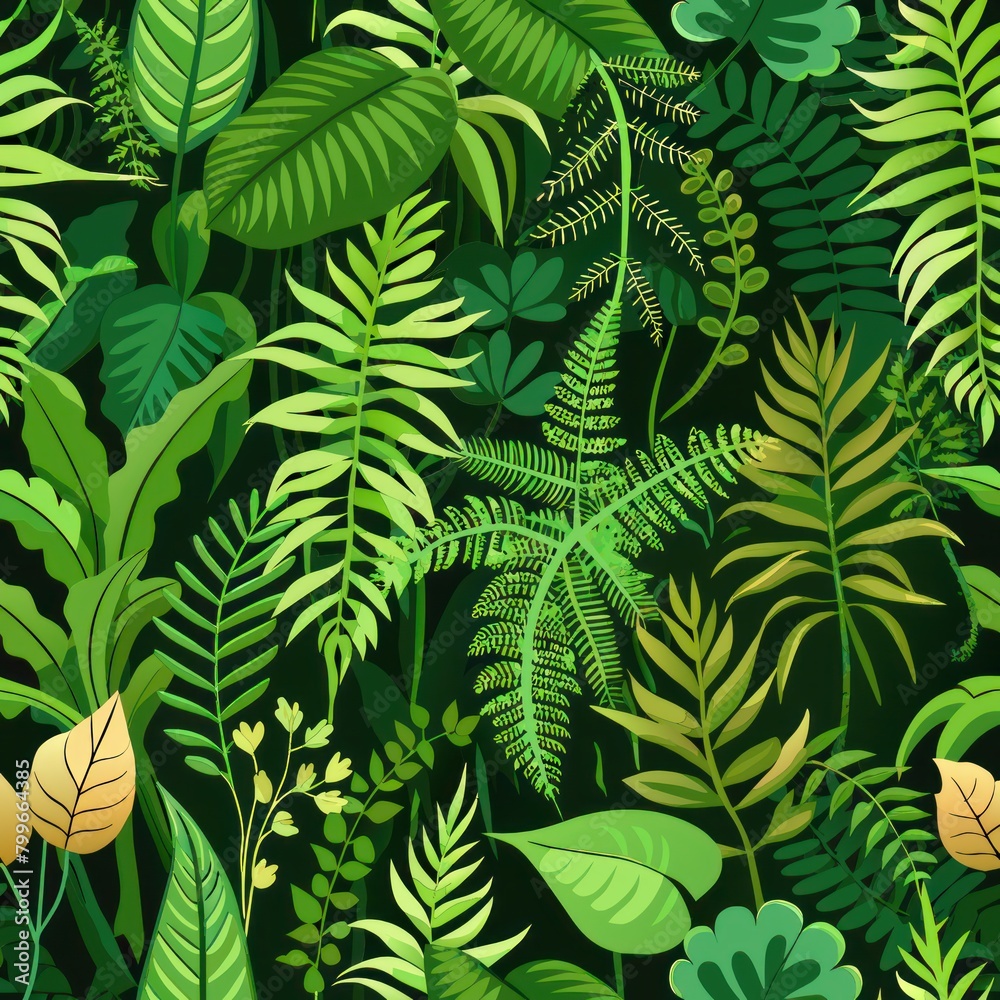 Seamless pattern of lush greenery with ferns, ivy, and moss, Generative AI