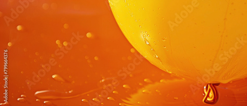 A macro shot of a yellow balloon gently swaying agnst a vibrant orange surface, capturing every intricate detl and reflection with stunning clarity. photo