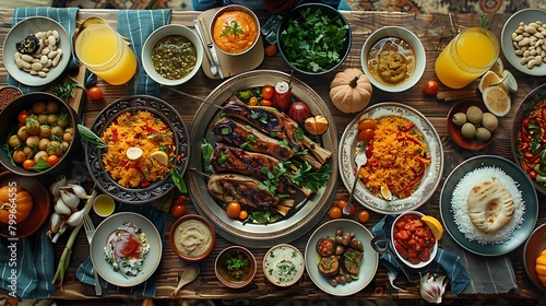 Flat lay of family feasting with Turkish cuisine lamb chops, quince, bean, vegetable salad, babaganush, rice pilav, pumpkin dessert, lemonade over rustic table, top view, Middle East cuisine