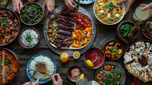 Flat lay of family feasting with Turkish cuisine lamb chops, quince, bean, vegetable salad, babaganush, rice pilav, pumpkin dessert, lemonade over rustic table, top view, Middle East cuisine photo