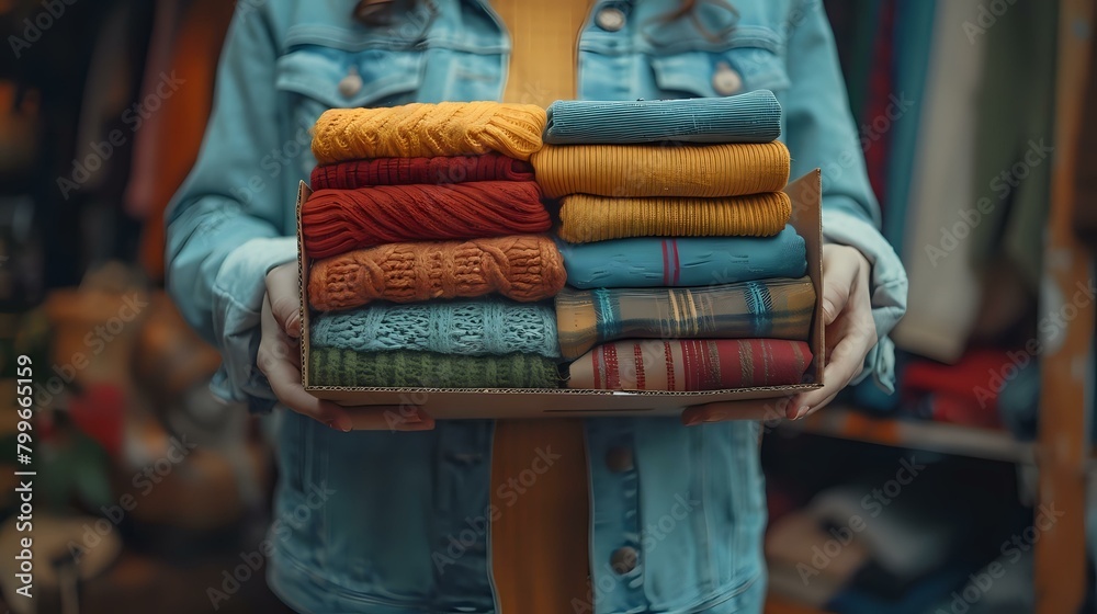 Fototapeta premium Person Holding Overflowing Box of Colorful Clothing with Purpose