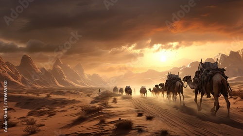 Photorealistic image of a long caravan in the rays of the scorching sun at dramatic sunset. Delivery of goods and cargo to cities where there are no roads. © Stavros