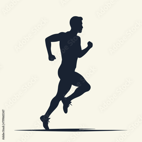 Silhouette of a male runner in mid-stride on a plain background.