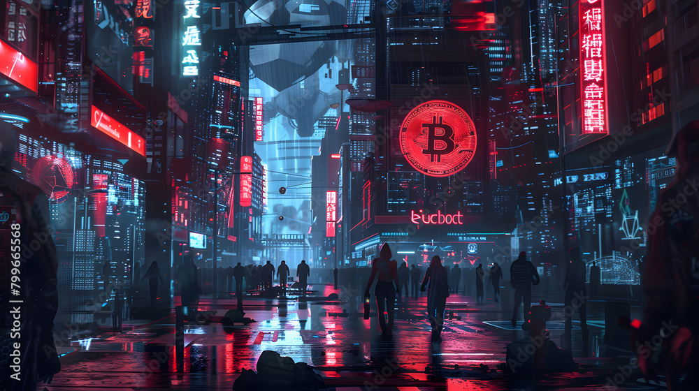 illustration of a person standing looking at the light of the bitcoin logo in the middle of the city wallpaper