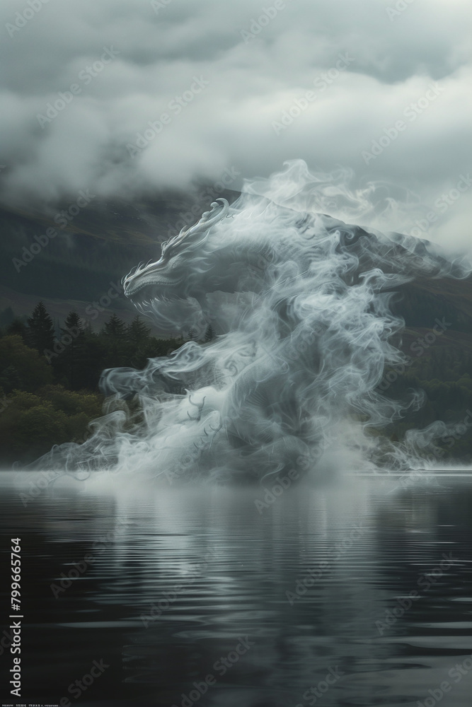 Obraz premium fantasy smoke dragon emerging from the silent lake, misty clouds, surreal cinematic scene, trees and foggy mountains in the background, maybe scotland, photorealistic // ai-generated 