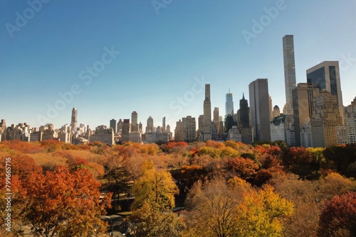 Autumn in Central Park in New York. NYC Central Park with Fall autumnal foliage. Aerial shot of Central Park in Autumn color. Top view of beautiful fall foliage in Central Park NYC.