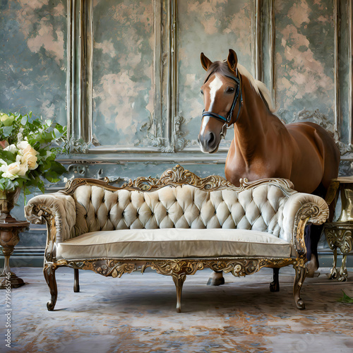 horse on the bench.a vintage antique tufted modern classic sofa set against a grunge wall backdrop, with a majestic horse as the focal point. The illustration should blend elements of nostalgia and so photo