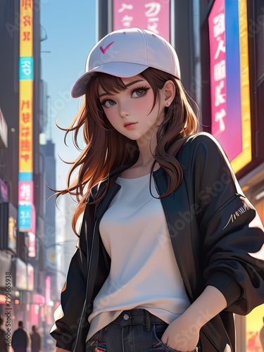 Beautiful Japanese girl, anime style in a modern city. photo
