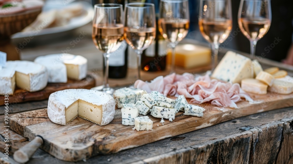 A variety of nonalcoholic wine options are displayed on a rustic wooden table next to an assortment of soft and hard cheeses enticing guests to try different pairings.