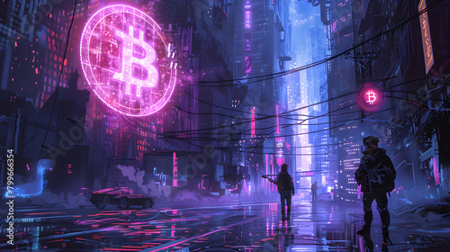 illustration of a person standing looking at the light of the bitcoin logo in the middle of the city wallpaper