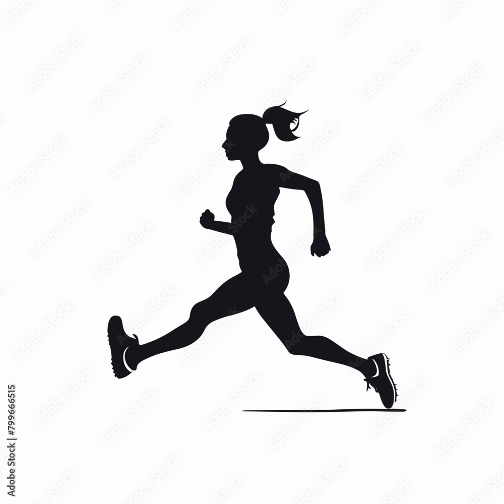 Silhouette of a young woman running, captured in mid-air against a white background. Silhouette of a young woman running, captured in mid-air against a white background.