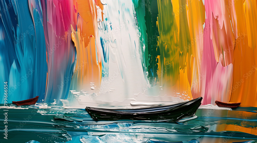 Vivid Escape - Colorful Abstract Painting of a Lonely Boat on a Tranquil Sea with a Cascade of Rainbow Waterfall
