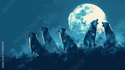 Wolves Howling at Full Moon in Night Sky. Pack of wolves stand on a hill howling at the full moon  creating a mystical atmosphere in the cool night.