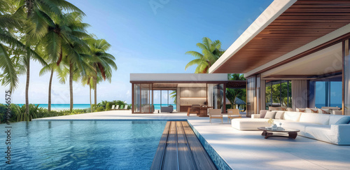 modern two story beach house with pool  3d render  blue water  interior design  large windows and sliding doors  modern architecture  tropical setting  palm trees in background