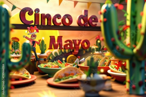 Festive Cinco de Mayo 3D Scene with Tacos, Sun, and Cactus Silhouettes photo