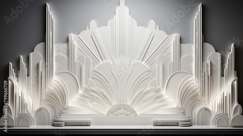 a white bas relief background design in the elegant Art Deco style, featuring geometric patterns, sleek lines, and motifs inspired by the Jazz Age. photo