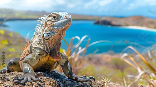 Iguana Basking on Rocky Coast Overlooking Blue Sea. Majestic iguana perches on a rocky outcrop  its gaze surveying the expansive blue ocean beyond under the bright sky.