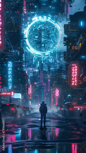 illustration of a person standing looking at the light of the bitcoin logo in the middle of the city wallpaper photo