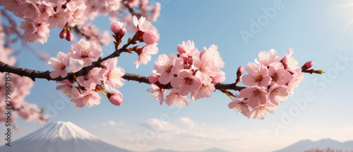 Horizontal banner with sakura flowers of pink color on sunny backdrop. Beautiful nature spring background with a branch of blooming sakura. Sakura blossoming season in Japan