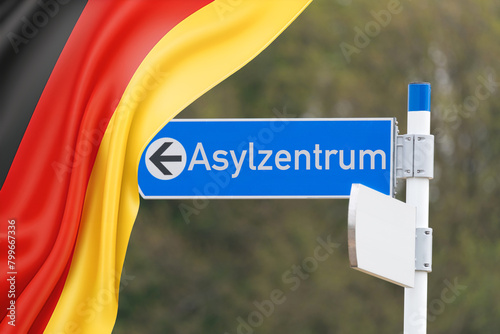 Flagge von Deutschland und Schild Asylzentrum © studio v-zwoelf