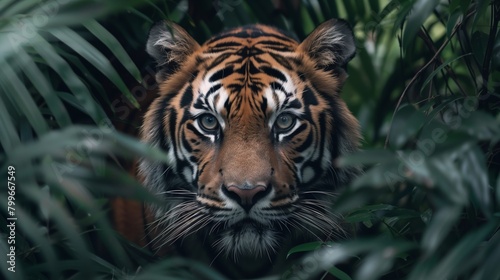 Intense Tiger Eyes Gazing Through Jungle Leaves. Mesmerizing tiger s face is partially obscured by lush green leaves  its intense gaze piercing through the foliage.