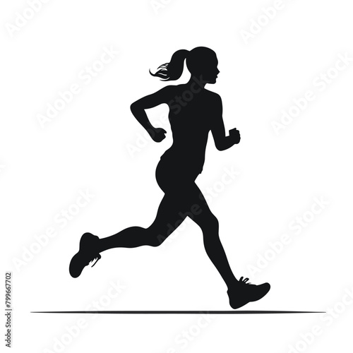 Silhouette of a woman running with ponytail on white background.